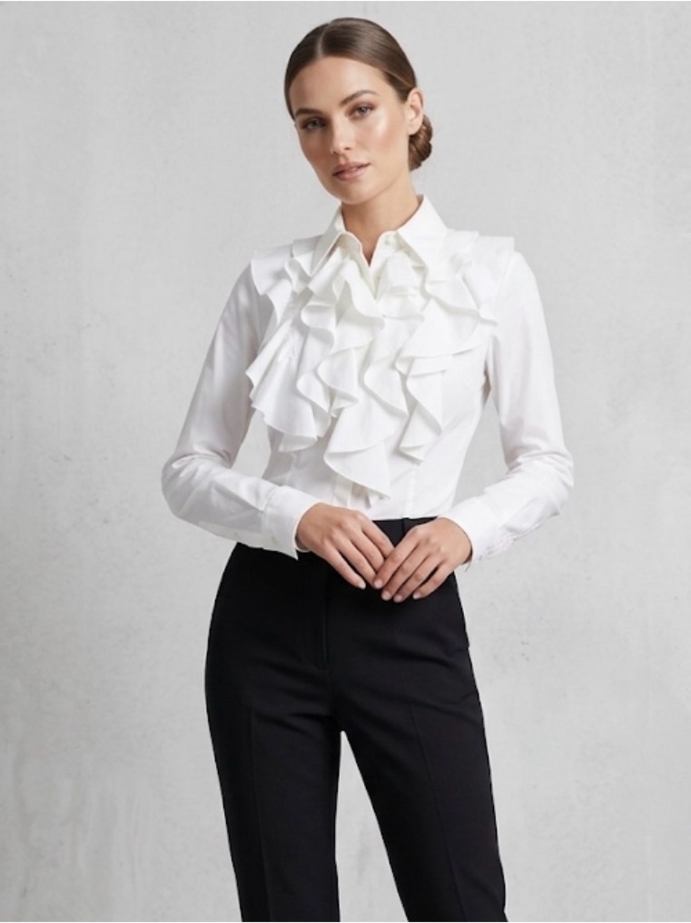 Women's White Ruffle Front Button-Down Shirt